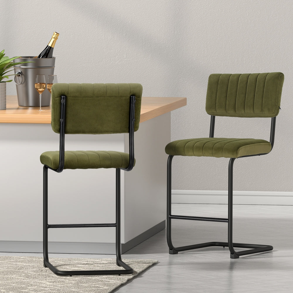 Marlook 2x Bar Stools Velvet Chairs Green