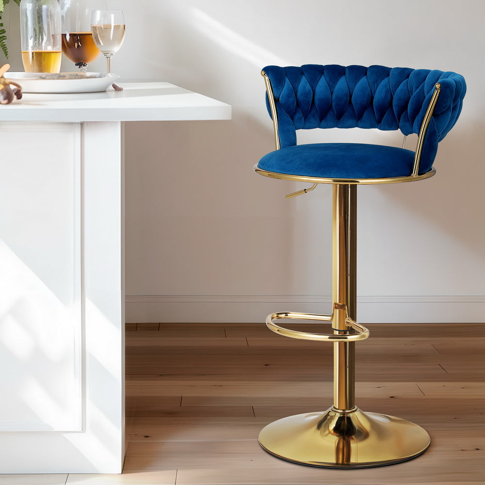 Marlook Bar Stools Gas Lift Velvet Woven Backrest Navy