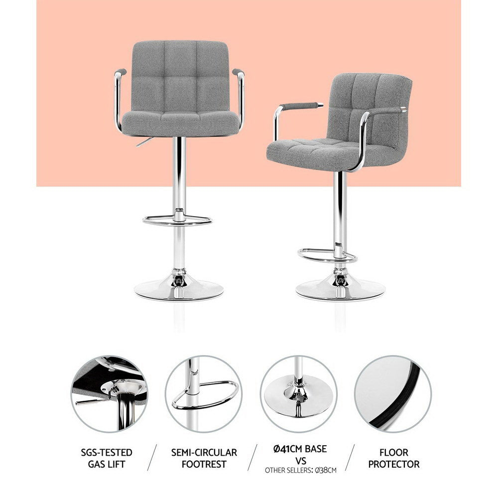 Marlook 2x Bar Stools Fabric Gas Lift w/Armrest Grey