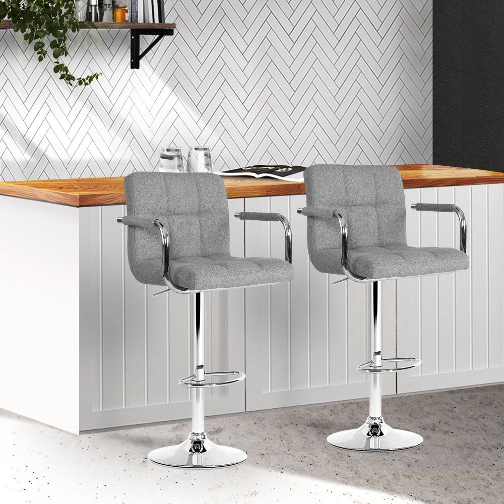 Marlook 2x Bar Stools Fabric Gas Lift w/Armrest Grey