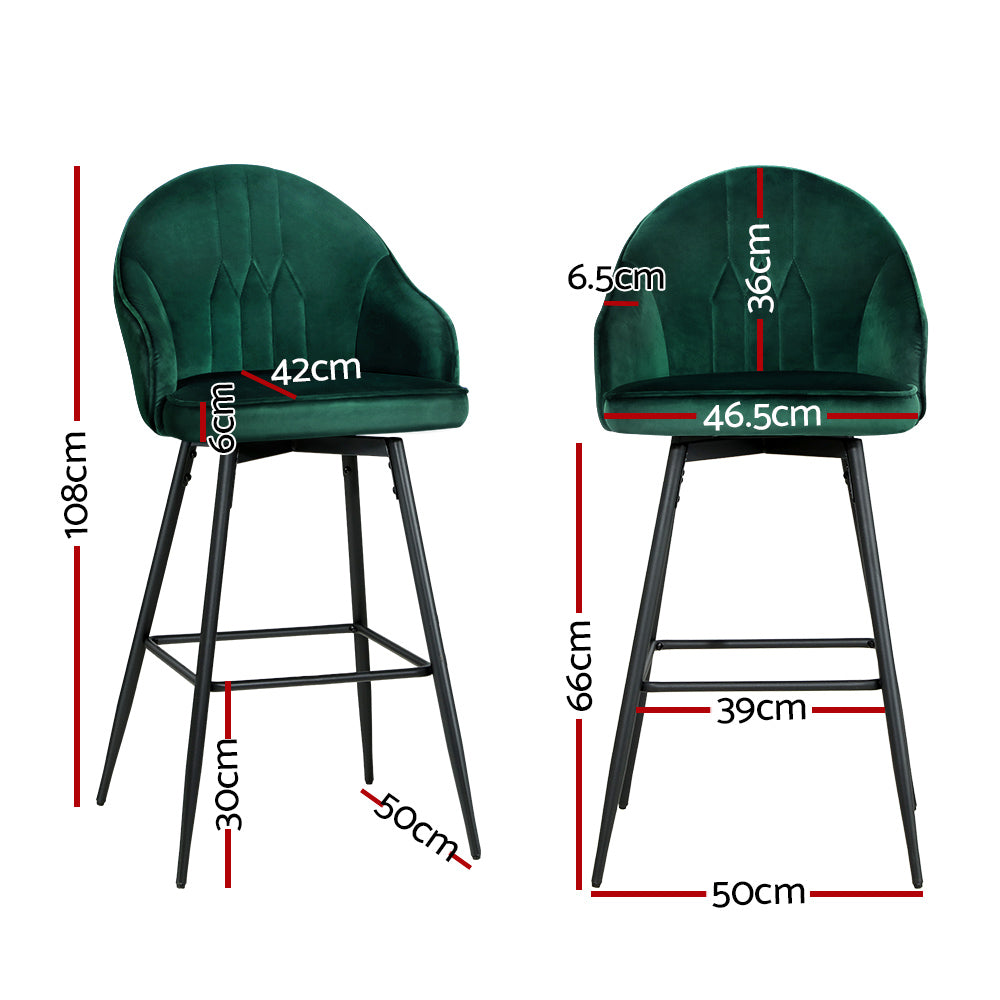 Marlook 2x Bar Stools Velvet Swivel Metal Legs Green