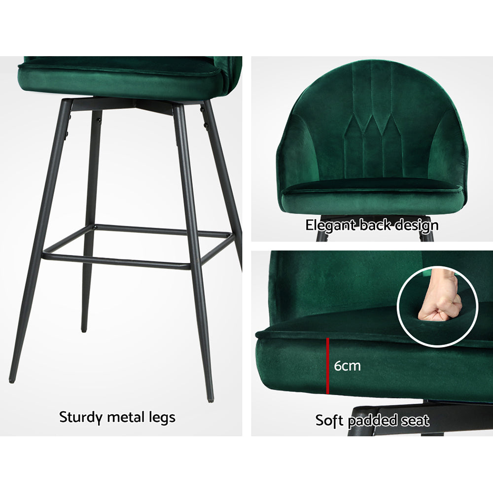 Marlook 2x Bar Stools Velvet Swivel Metal Legs Green