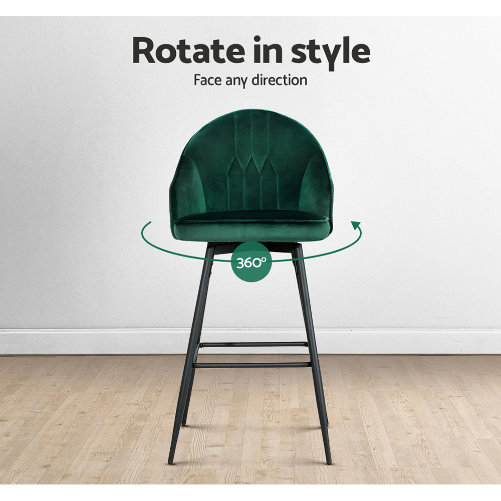 Marlook 2x Bar Stools Velvet Swivel Metal Legs Green