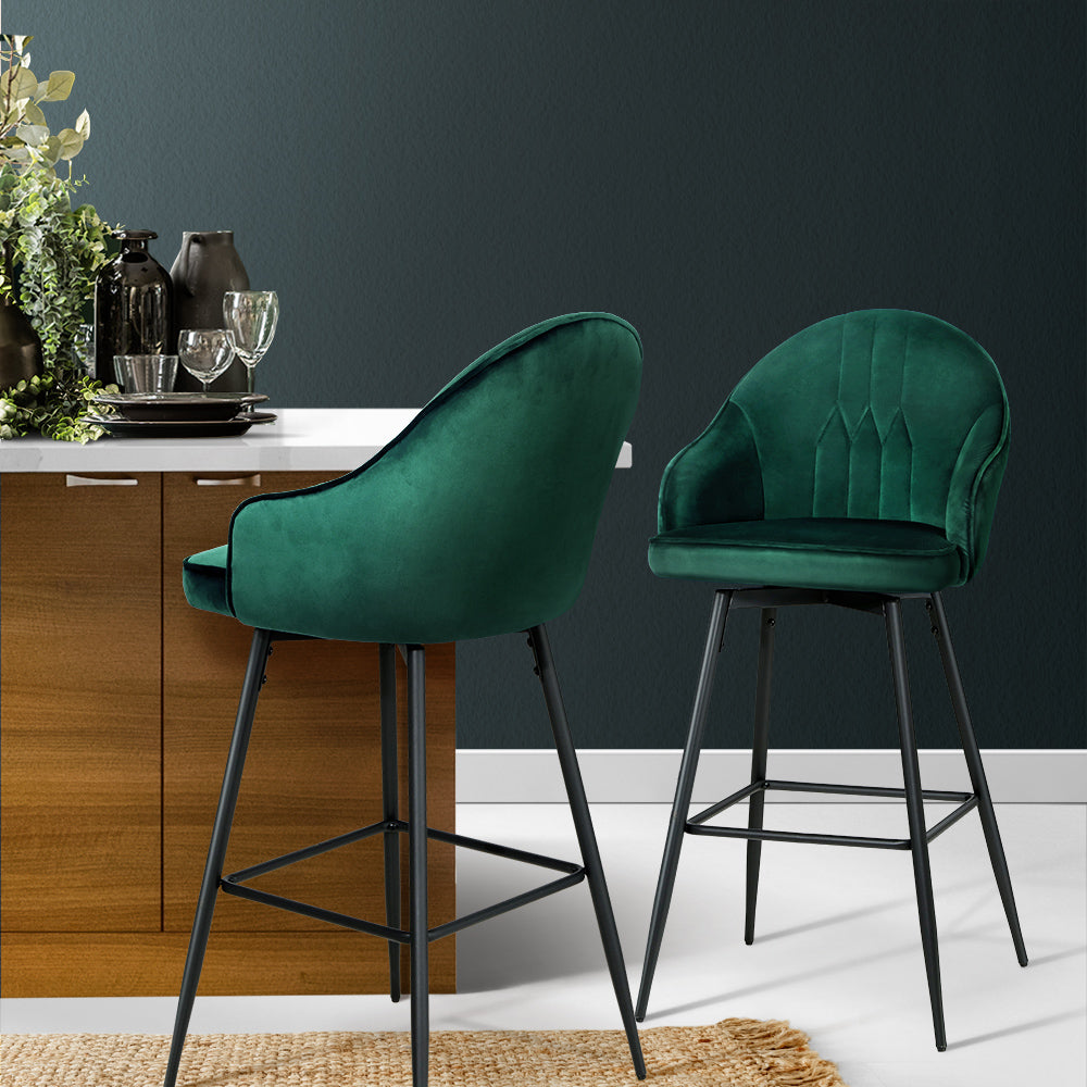 Marlook 2x Bar Stools Velvet Swivel Metal Legs Green