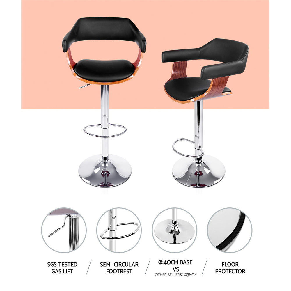 Marlook 2x Bar Stools Gas Lift Leather w/Armrest Black