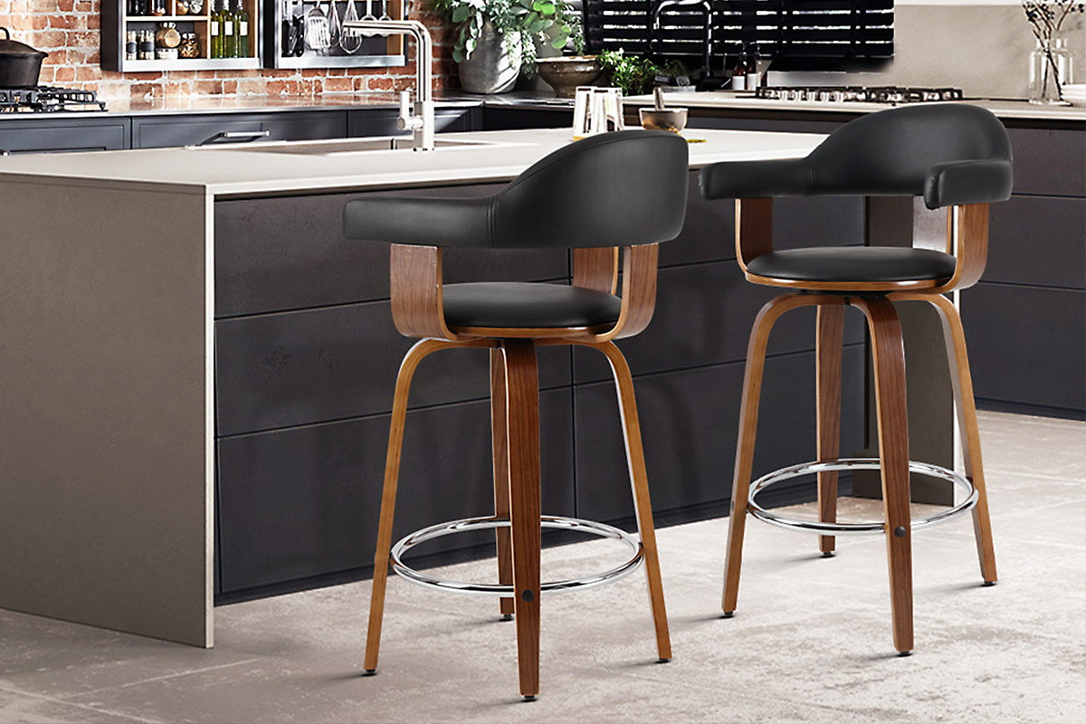 Marlook 2x Bar Stools Leather Seat Wooden Legs