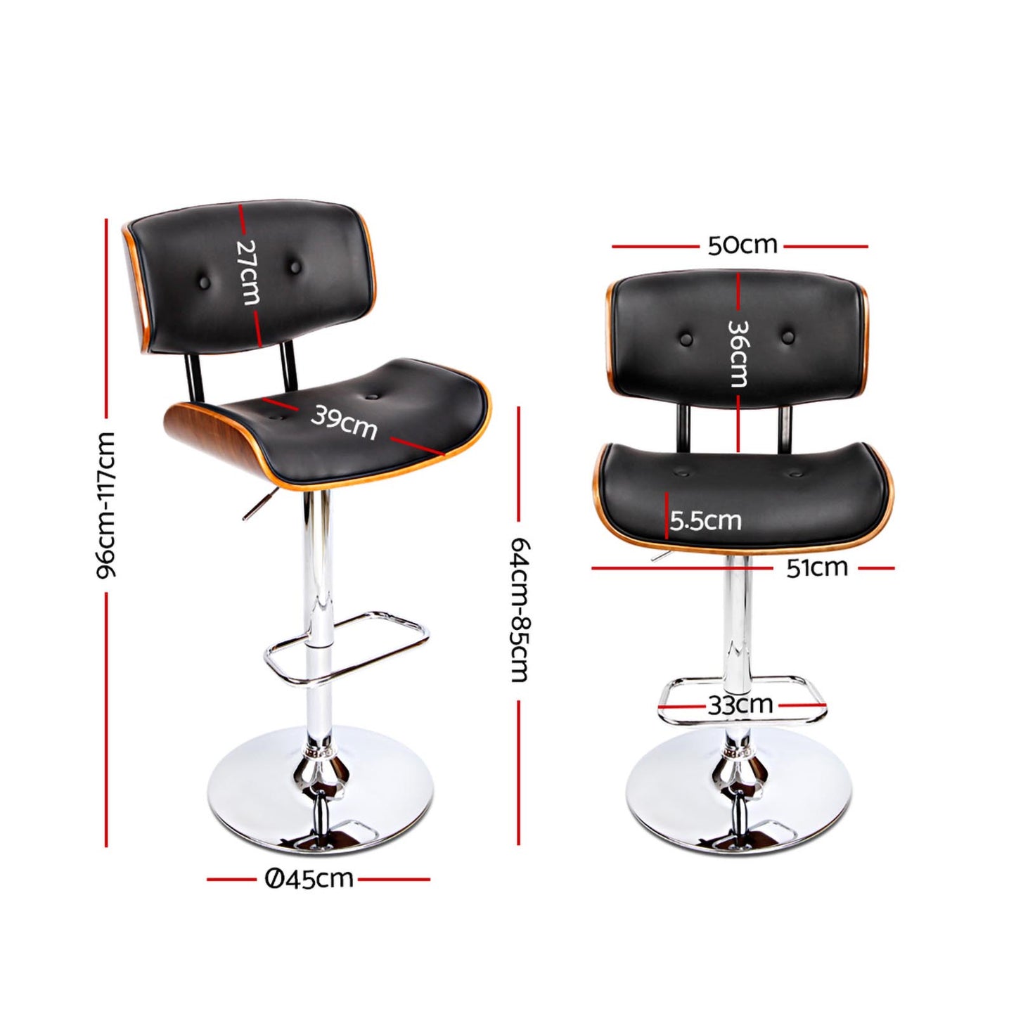 Marlook 2x Bar Stools Gas Lift Leather Black