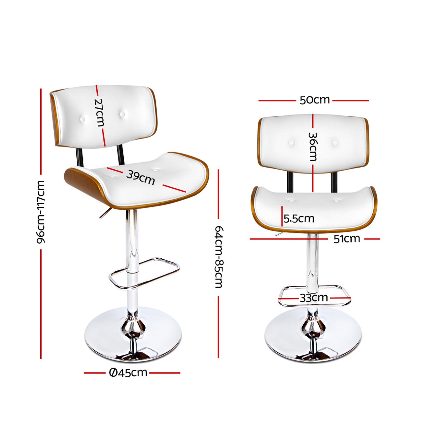 Marlook 2x Bar Stools Gas Lift Leather White