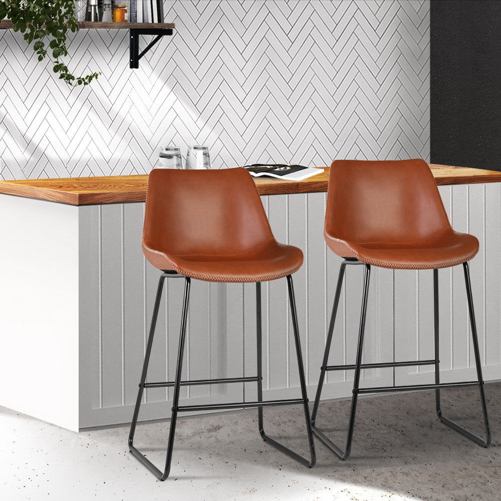 Marlook Bar Stools Kitchen Counter Barstools Leather Metal Chairs Brown x2