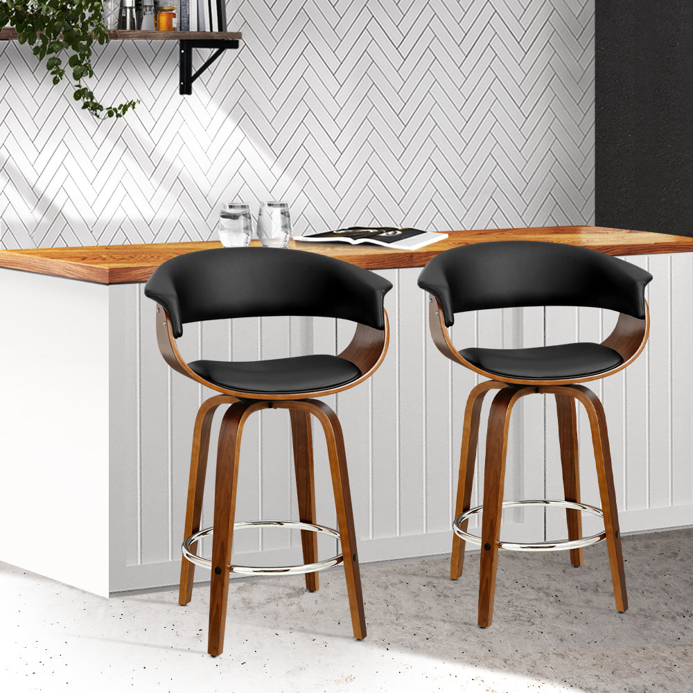 Marlook 2x Bar Stools Swivel PU Seat Wooden