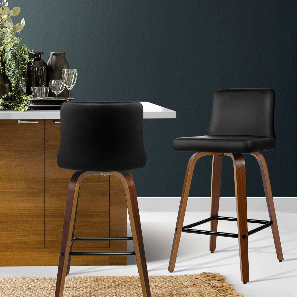 Marlook 2x Bar Stools Swivel Leather Padded Wooden