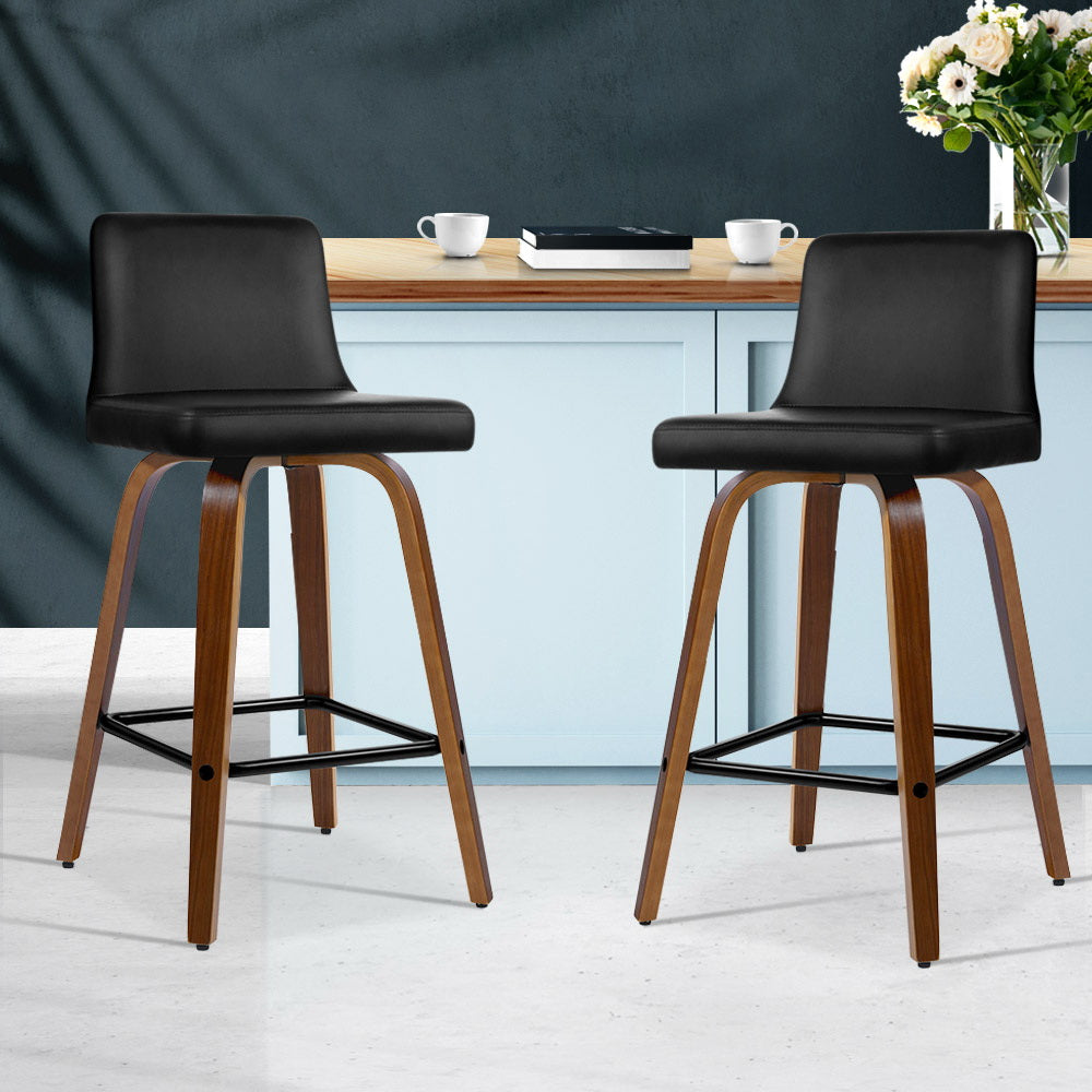 Marlook 2x Bar Stools Swivel Leather Padded Wooden