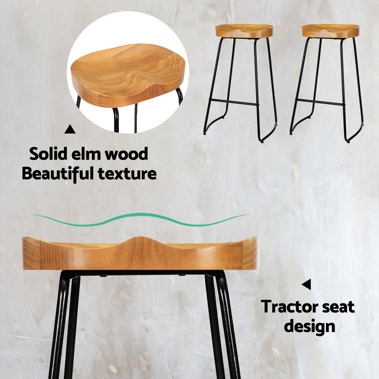 Marlook 2x Bar Stools Tractor Seat 75cm Wooden