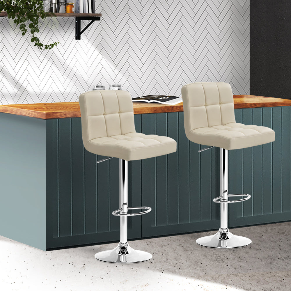 Marlook 2x Bar Stools Leather Gas Lift Beige