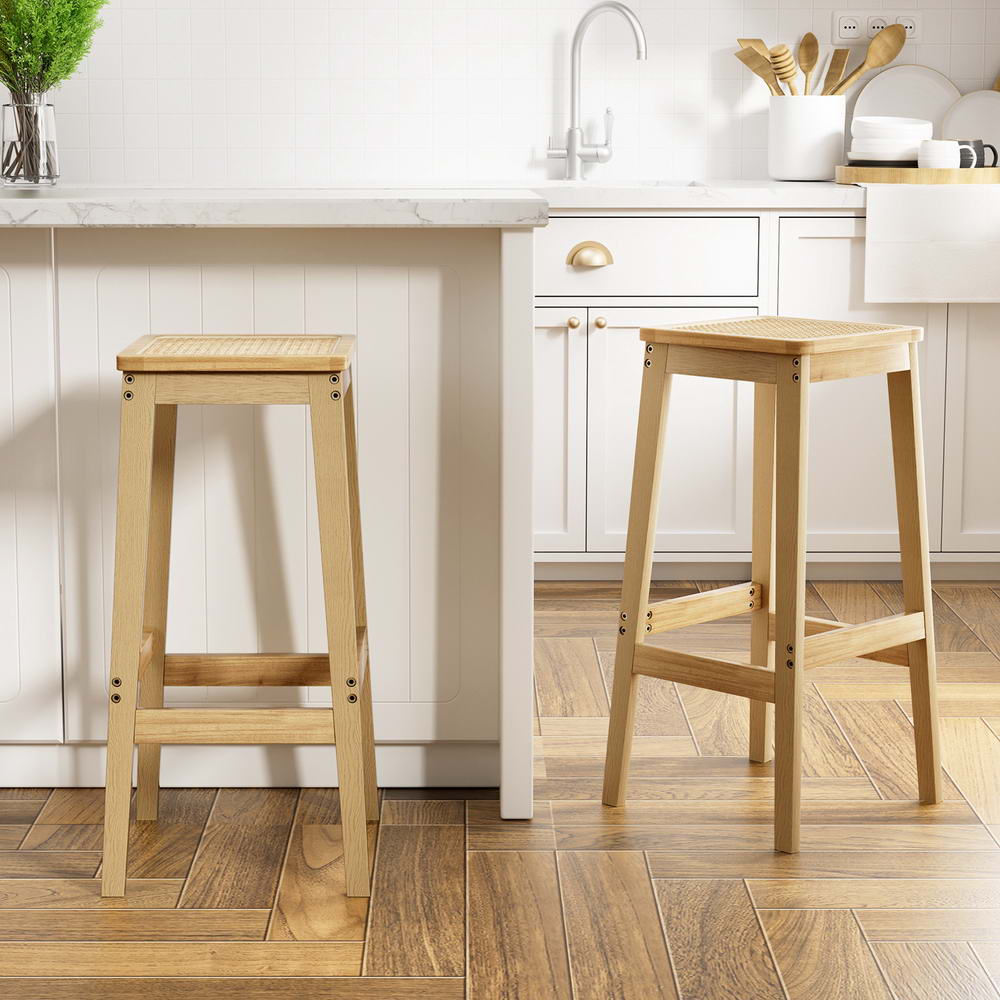 Marlook 2x Bar Stools Rubber Wood Stool Counter Chair Rattan Barstools Kitchen