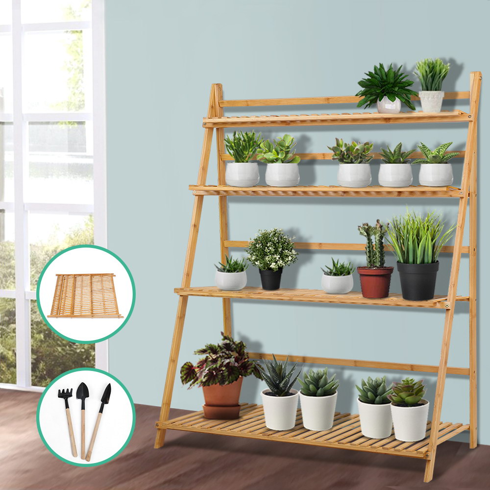 Marlook Plant Stand 4 Tier Bamboo Slat Flower Pot Shelf Pine