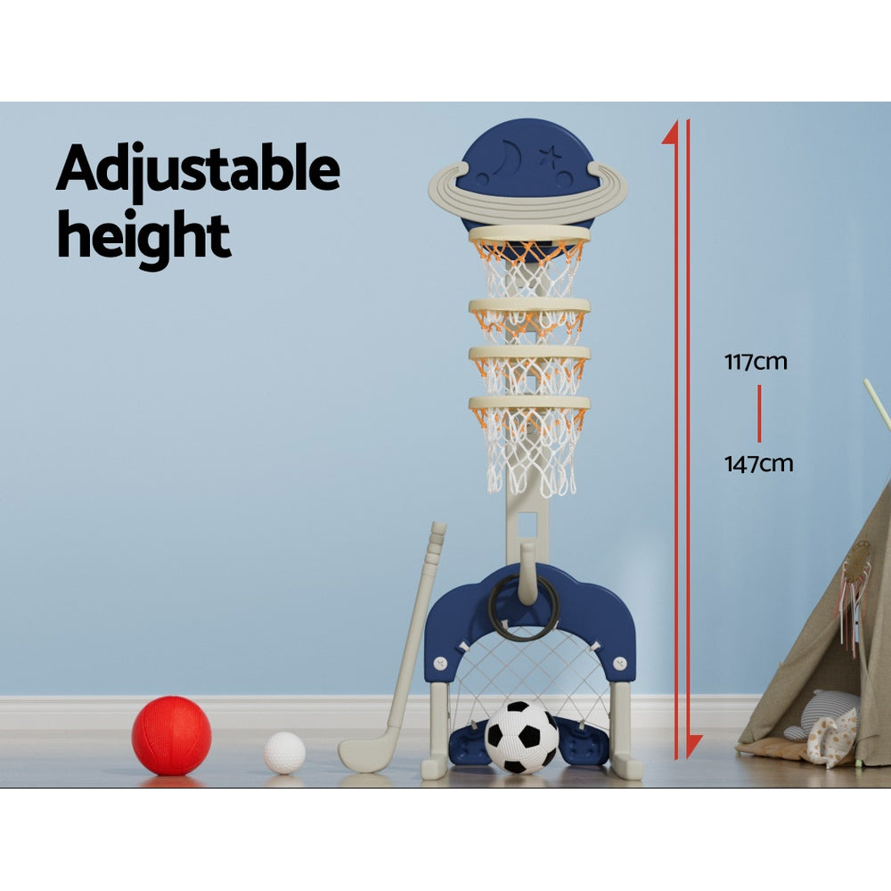 Marlook Kids Basketball Hoop Stand Adjustable 6-in-1 Sports Center Toys Set Blue