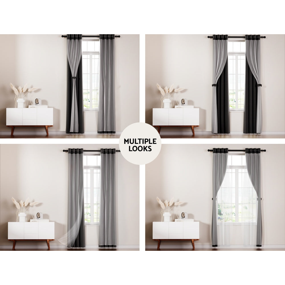 Marlook 2X 132x274cm Blockout Sheer Curtains Black