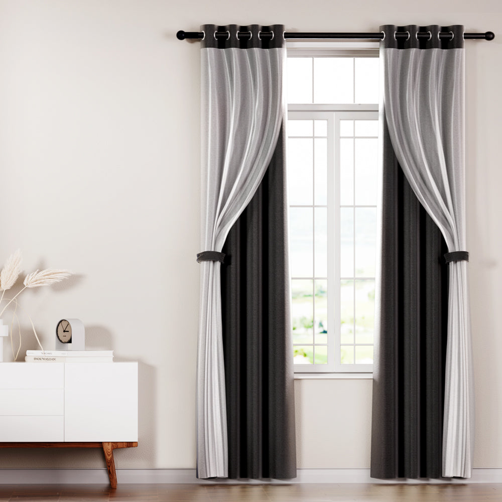 Marlook 2X 132x274cm Blockout Sheer Curtains Black