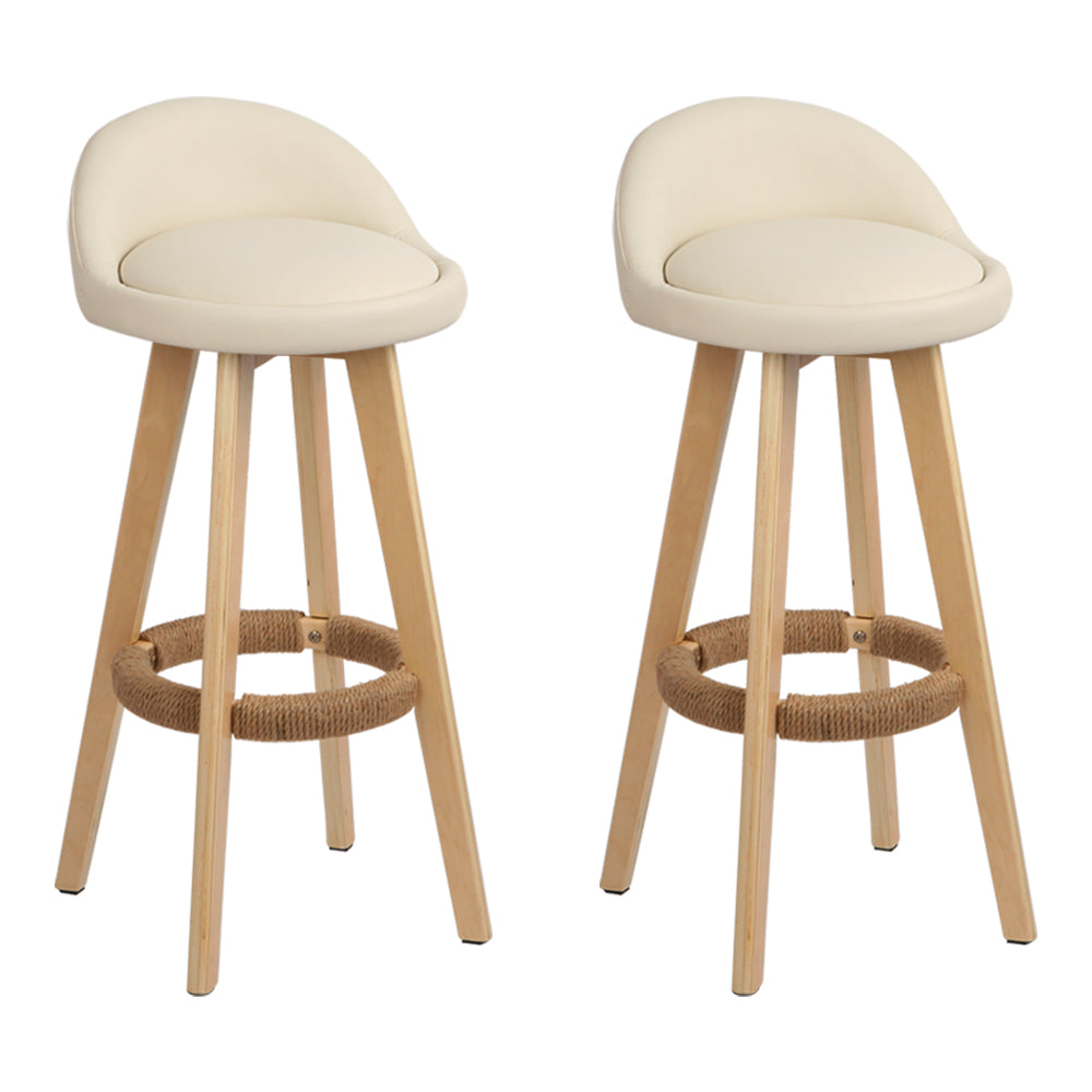 Marlook 2x Bar Stools Padded Leather Wooden Beige