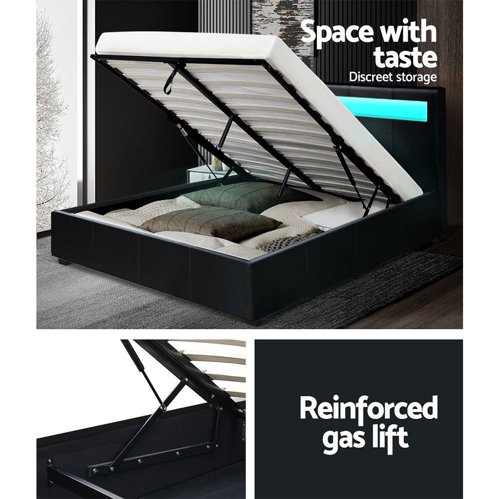 Marlook Bed Frame Double Size LED Gas Lift Black COLE