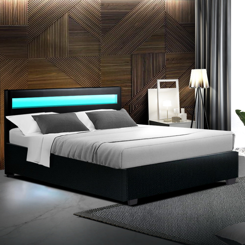 Marlook Bed Frame Double Size LED Gas Lift Black COLE