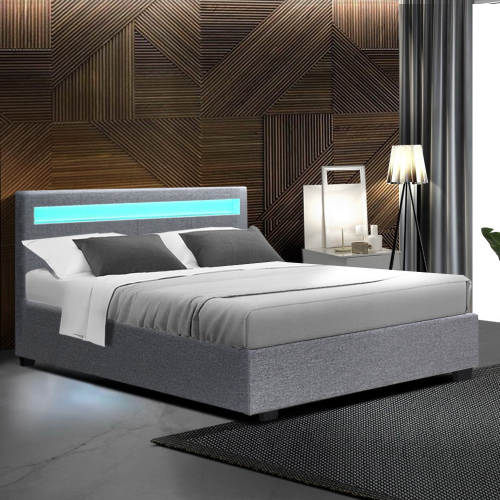 Marlook Bed Frame Double Size LED Gas Lift Grey COLE
