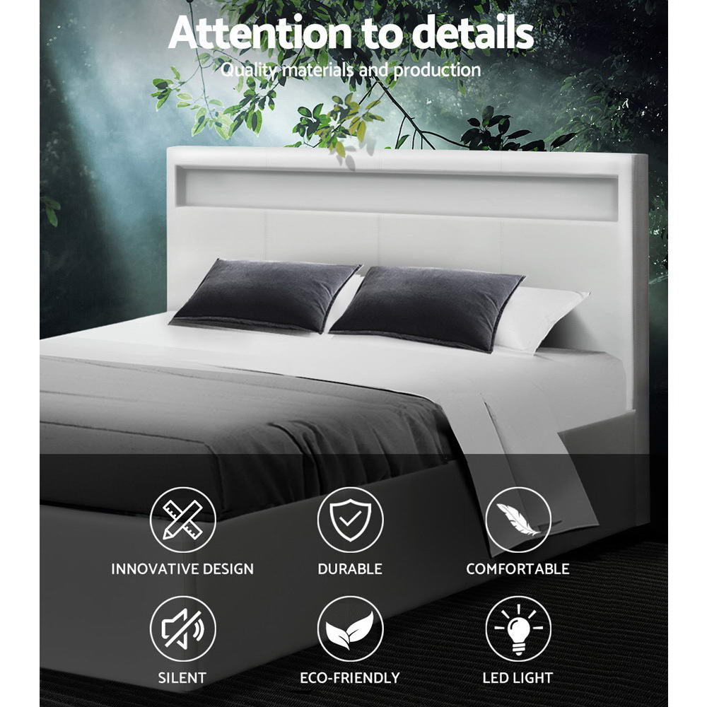 Marlook Bed Frame Double Size LED Gas Lift White COLE
