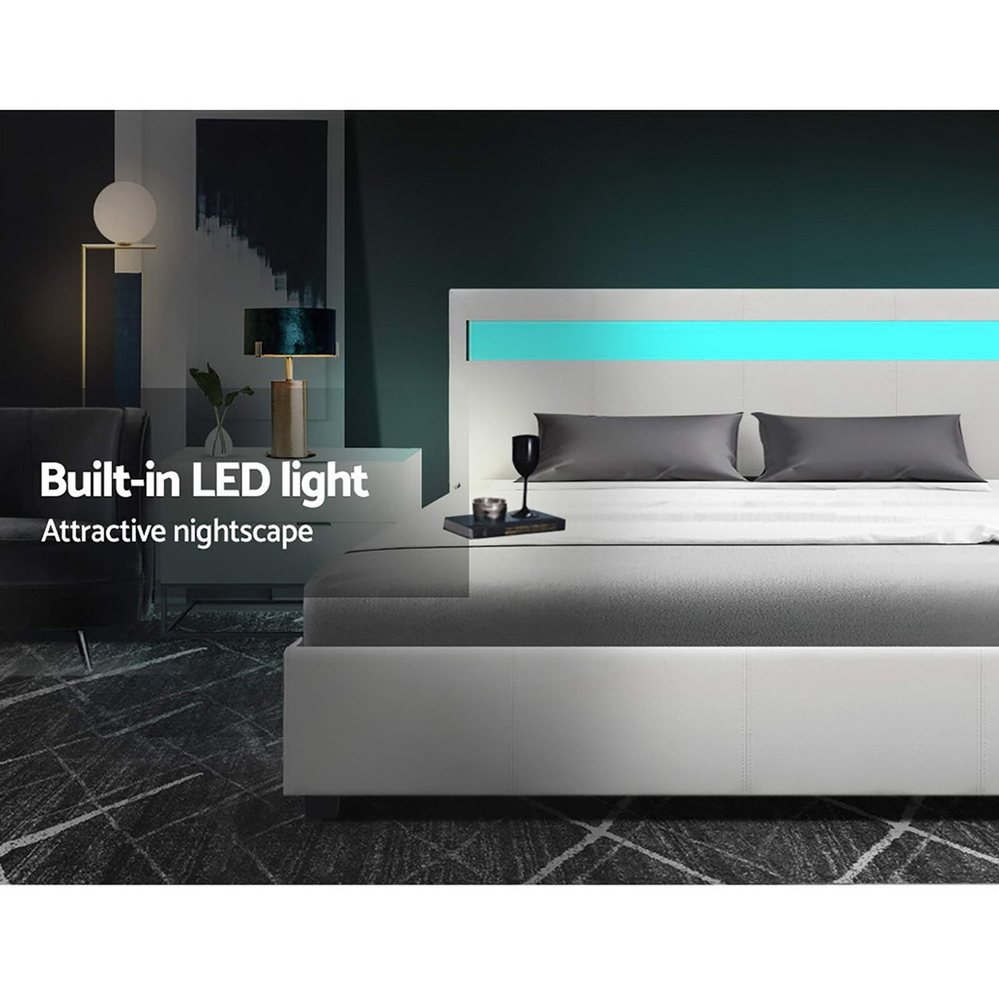 Marlook Bed Frame Double Size LED Gas Lift White COLE