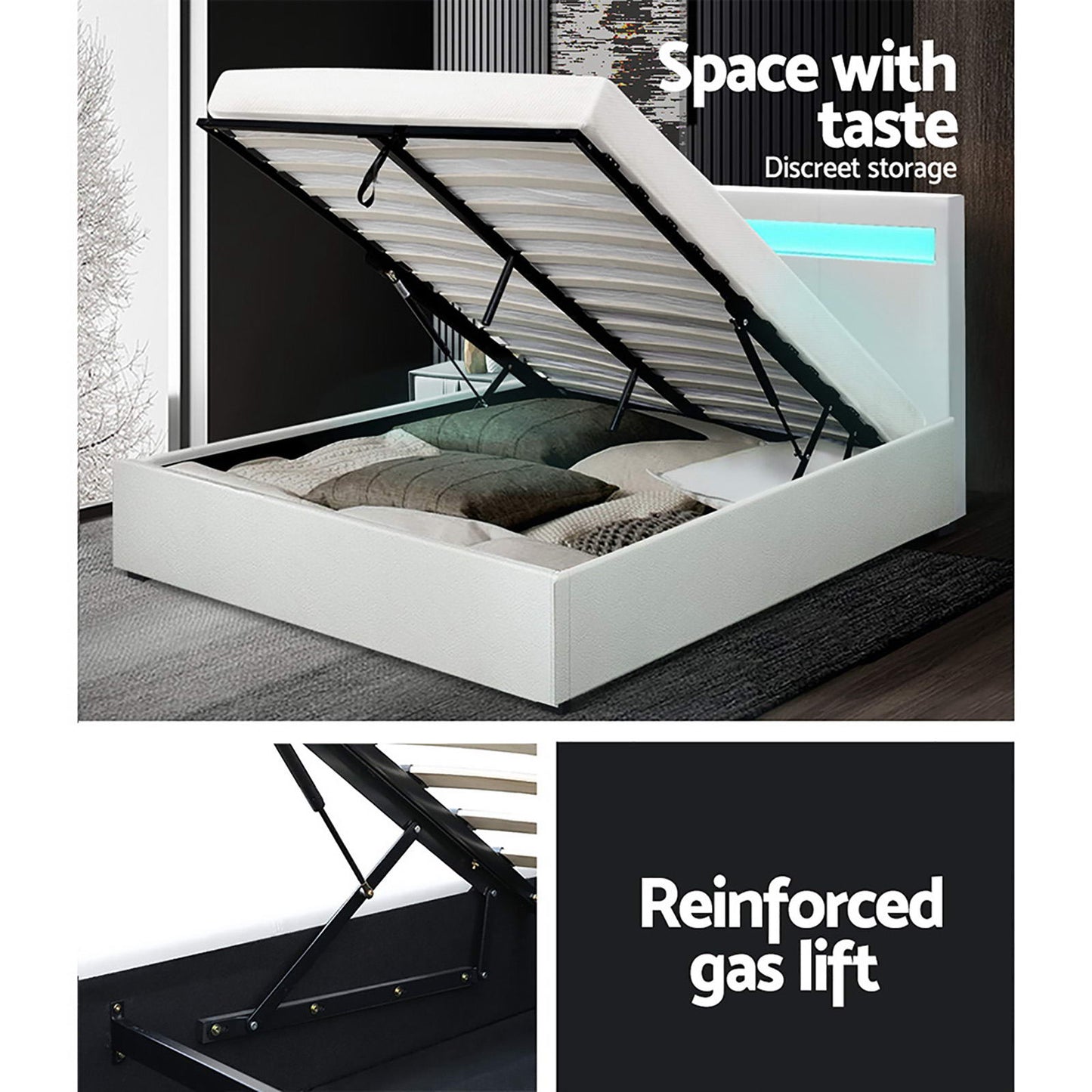 Marlook Bed Frame Double Size LED Gas Lift White COLE