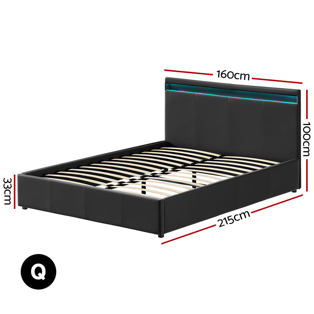 Marlook Bed Frame Queen Size LED Gas Lift Black COLE