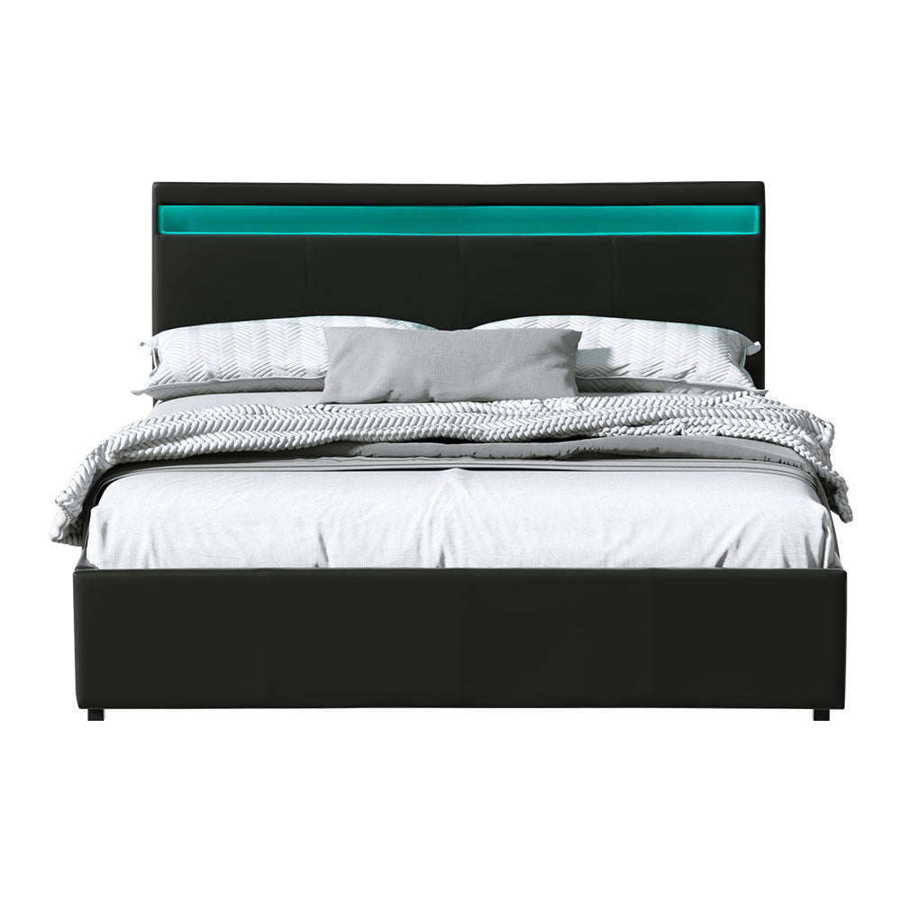 Marlook Bed Frame Queen Size LED Gas Lift Black COLE