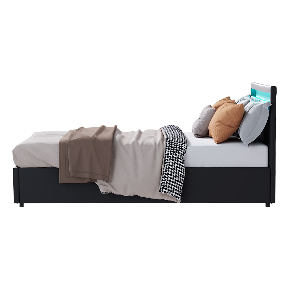 Marlook Bed Frame Queen Size LED Gas Lift Black COLE