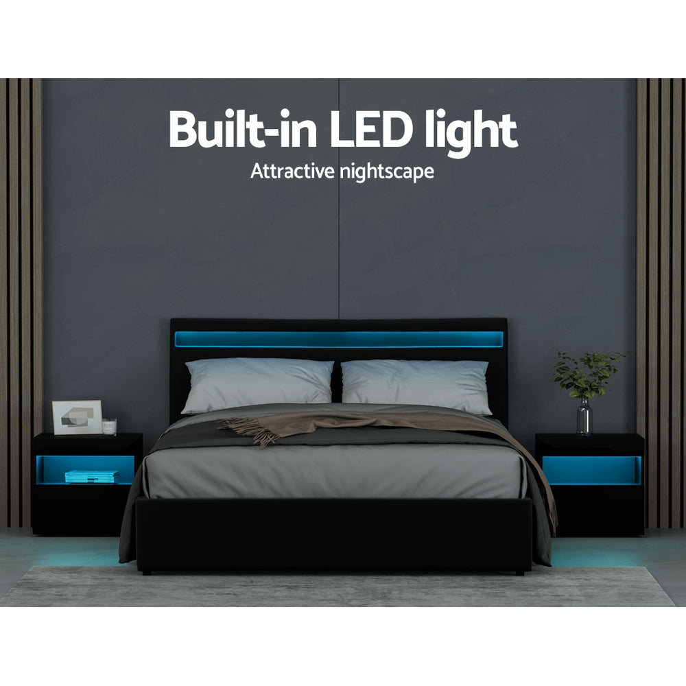 Marlook Bed Frame Queen Size LED Gas Lift Black COLE