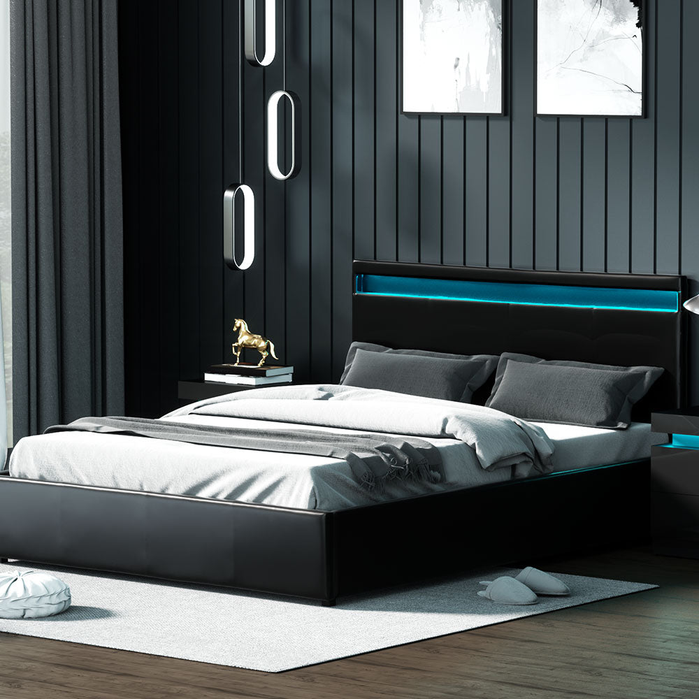 Marlook Bed Frame Queen Size LED Gas Lift Black COLE