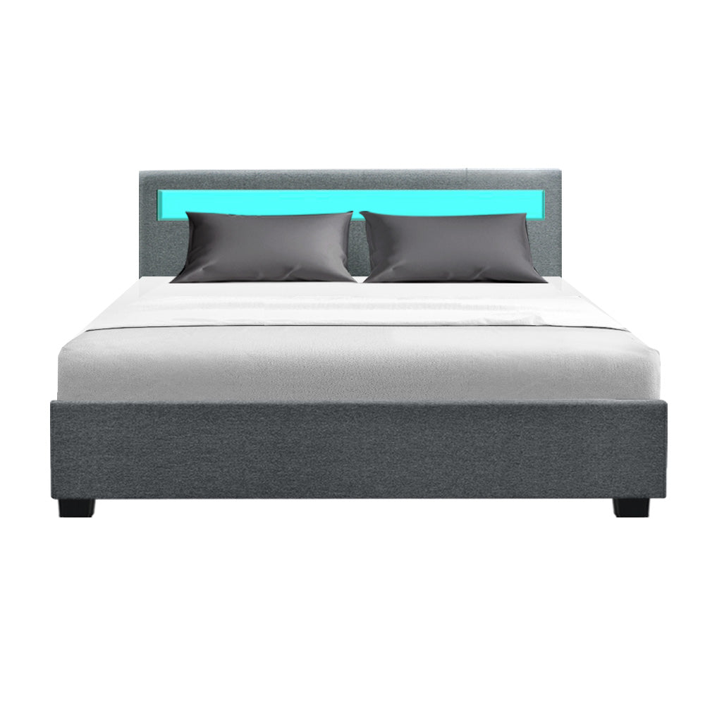 Marlook Bed Frame Queen Size LED Gas Lift Grey COLE