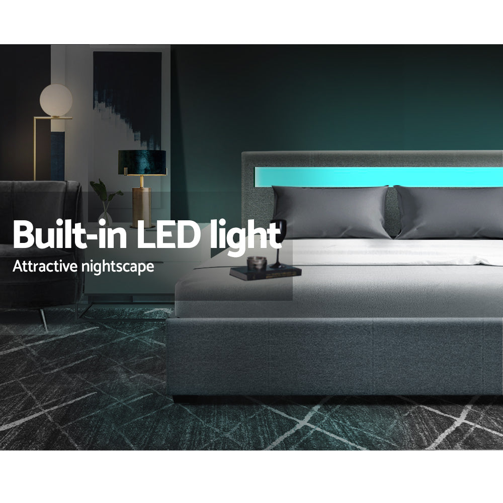 Marlook Bed Frame Queen Size LED Gas Lift Grey COLE