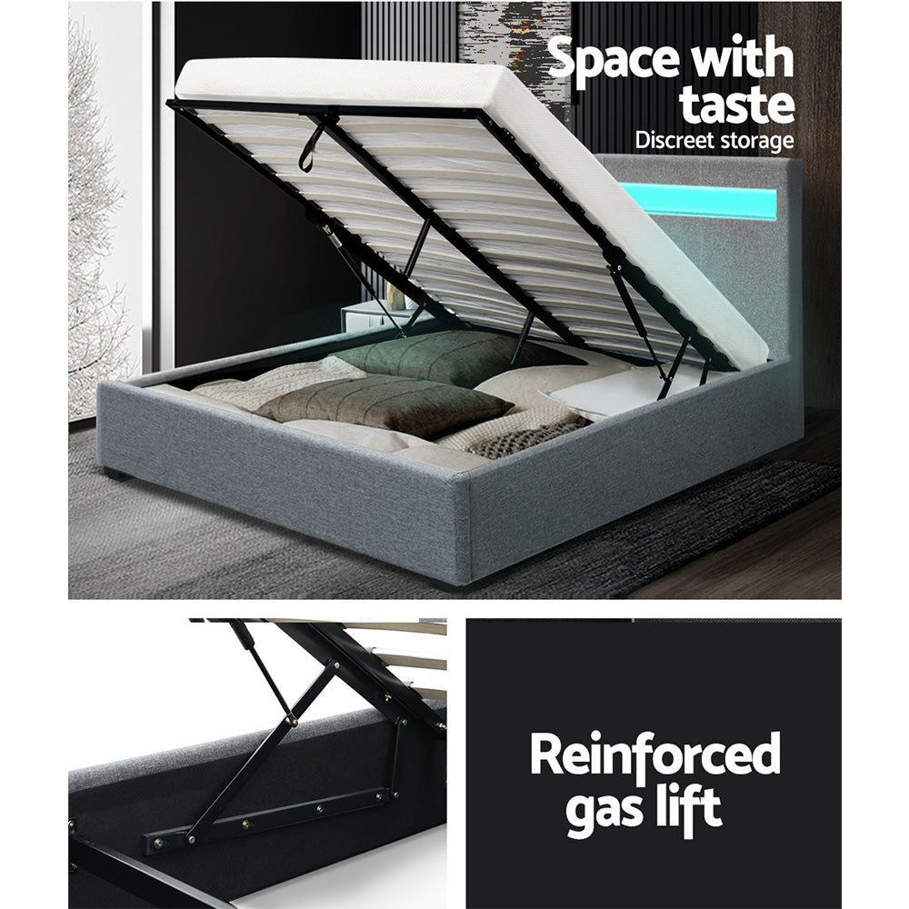 Marlook Bed Frame Queen Size LED Gas Lift Grey COLE