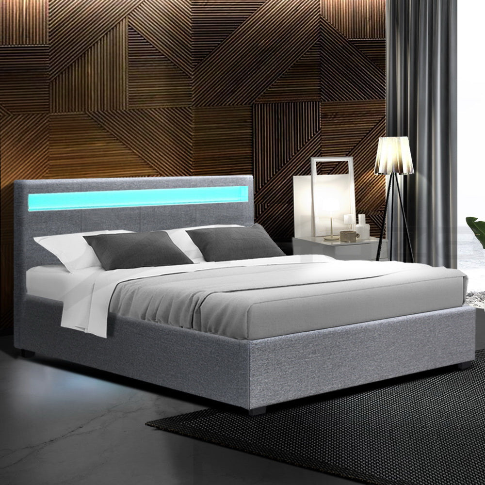 Marlook Bed Frame Queen Size LED Gas Lift Grey COLE