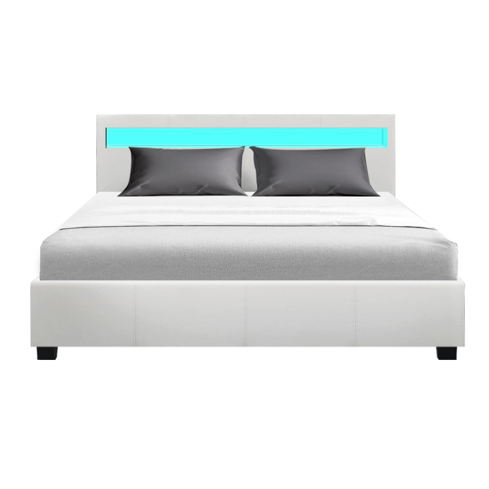 Marlook Bed Frame Queen Size LED Gas Lift White COLE