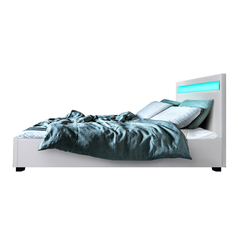 Marlook Bed Frame Queen Size LED Gas Lift White COLE