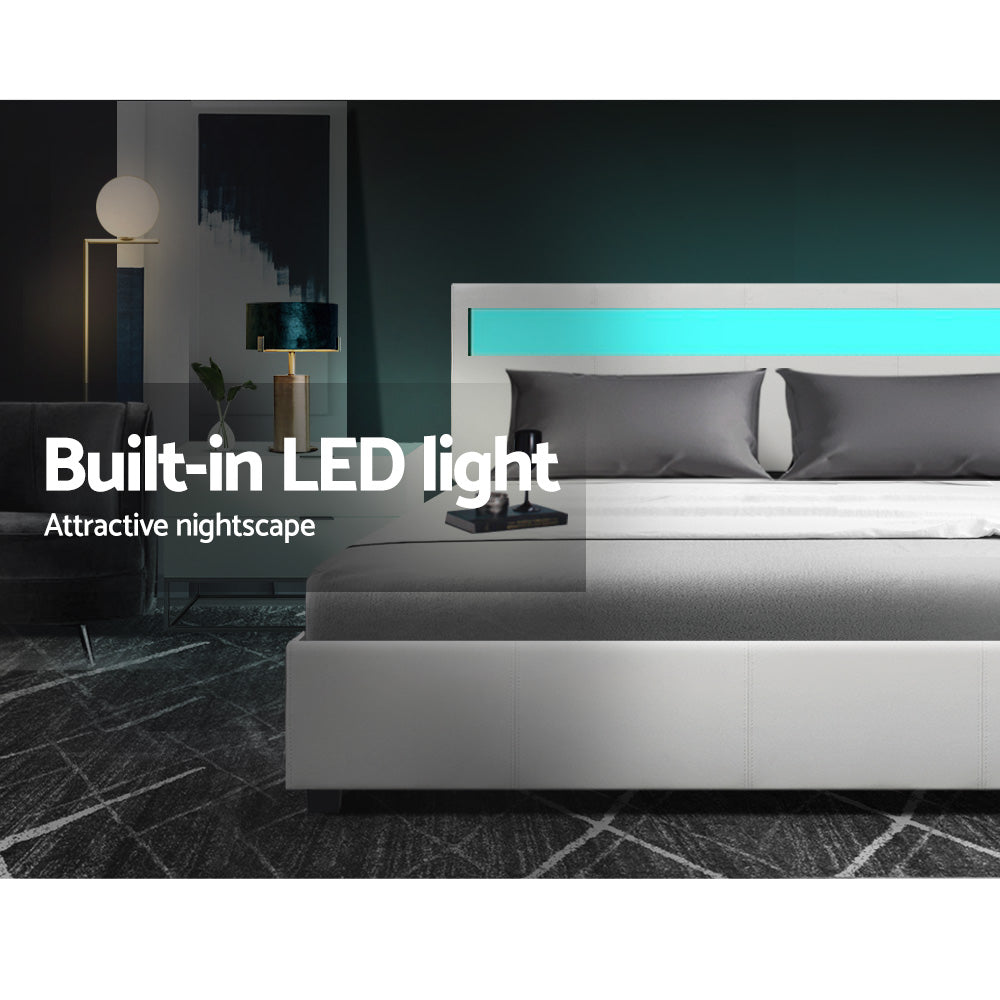 Marlook Bed Frame Queen Size LED Gas Lift White COLE