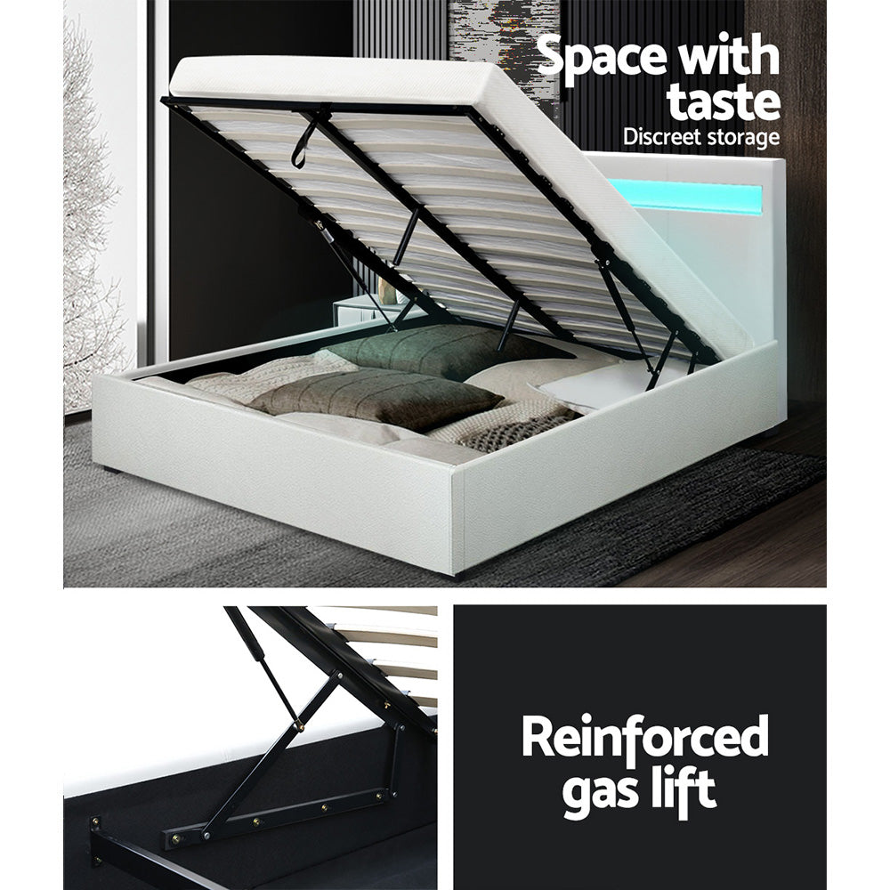 Marlook Bed Frame Queen Size LED Gas Lift White COLE