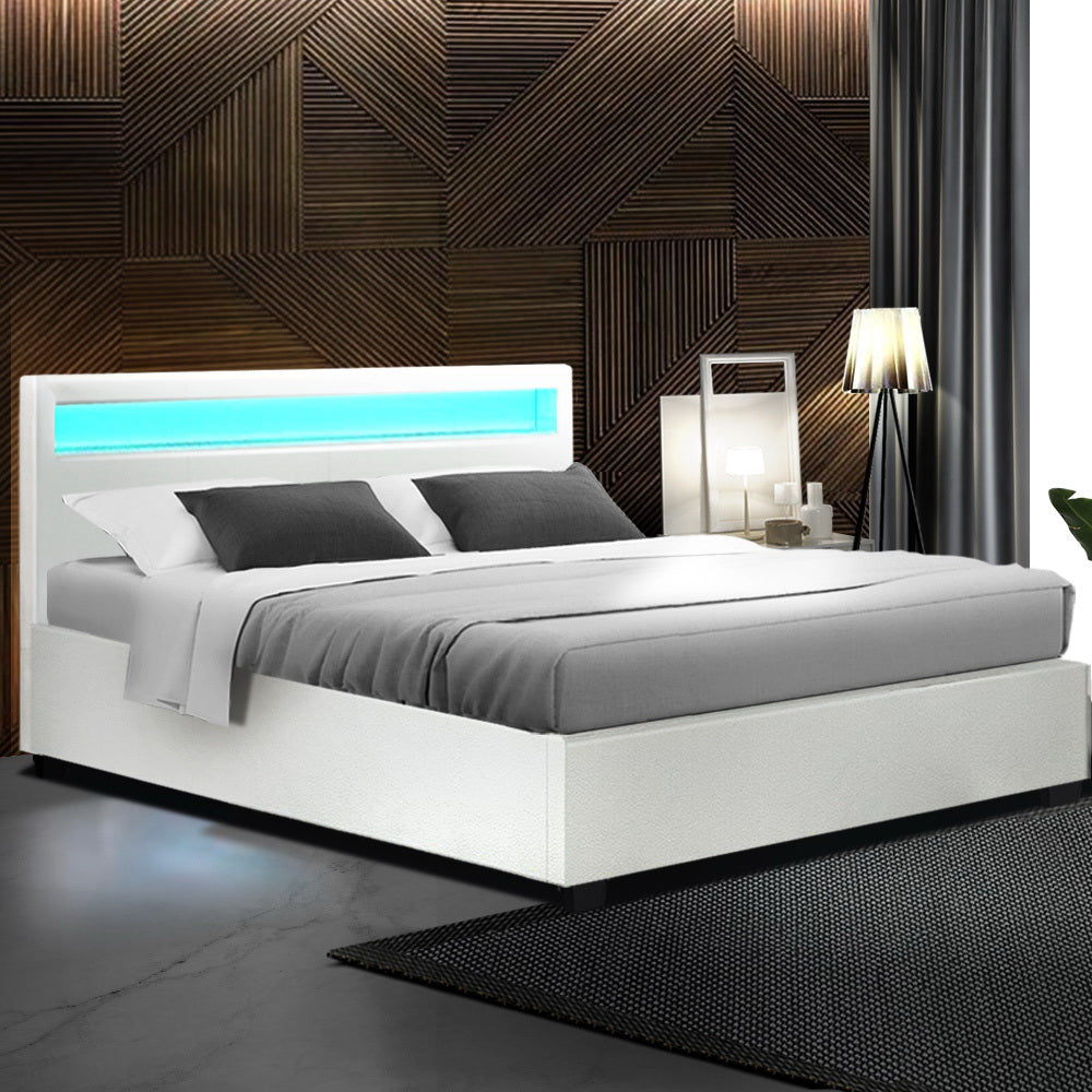Marlook Bed Frame Queen Size LED Gas Lift White COLE