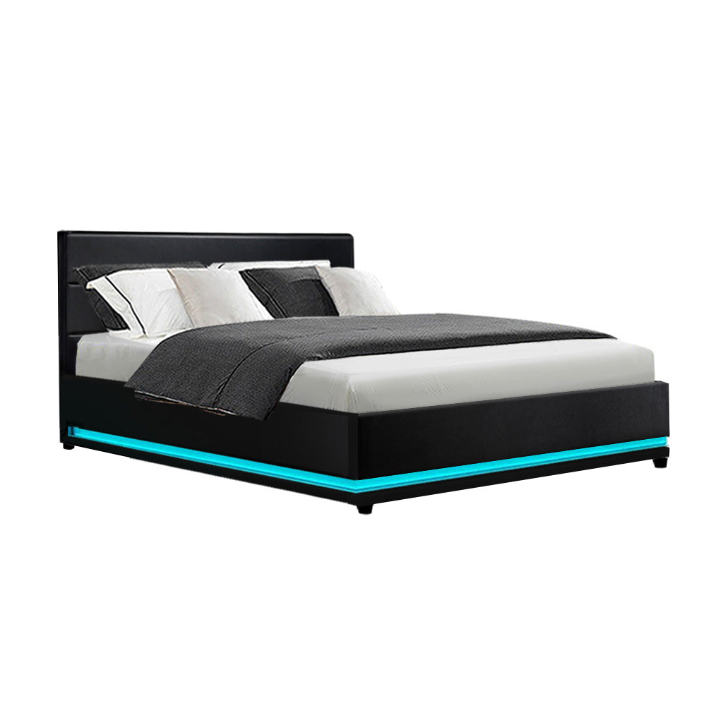 Marlook Bed Frame Double Size LED Gas Lift Black LUMI