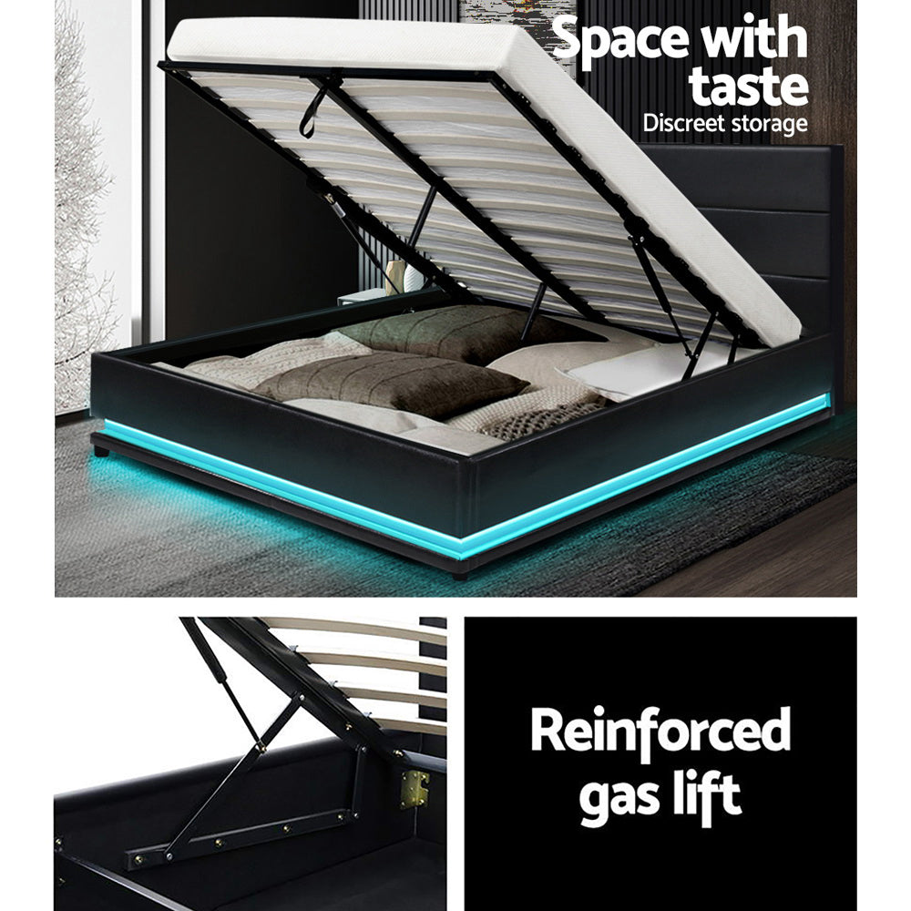Marlook Bed Frame Double Size LED Gas Lift Black LUMI