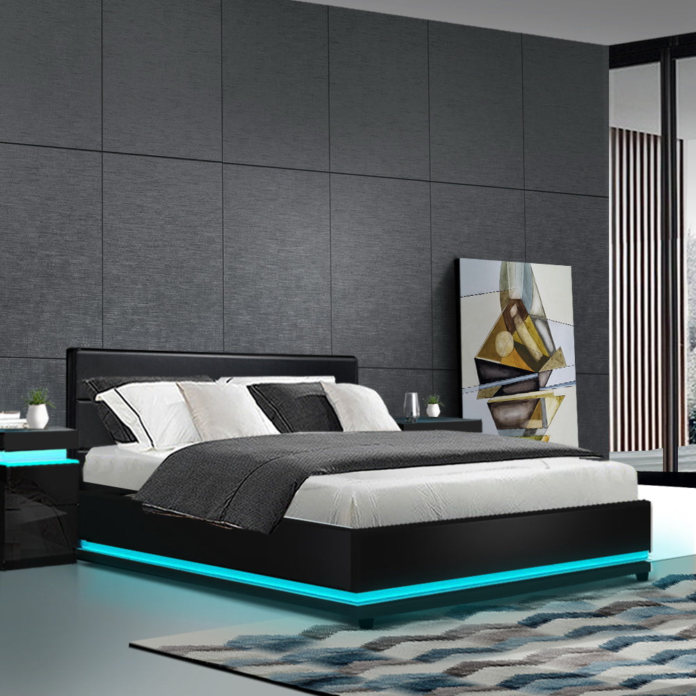 Marlook Bed Frame Double Size LED Gas Lift Black LUMI