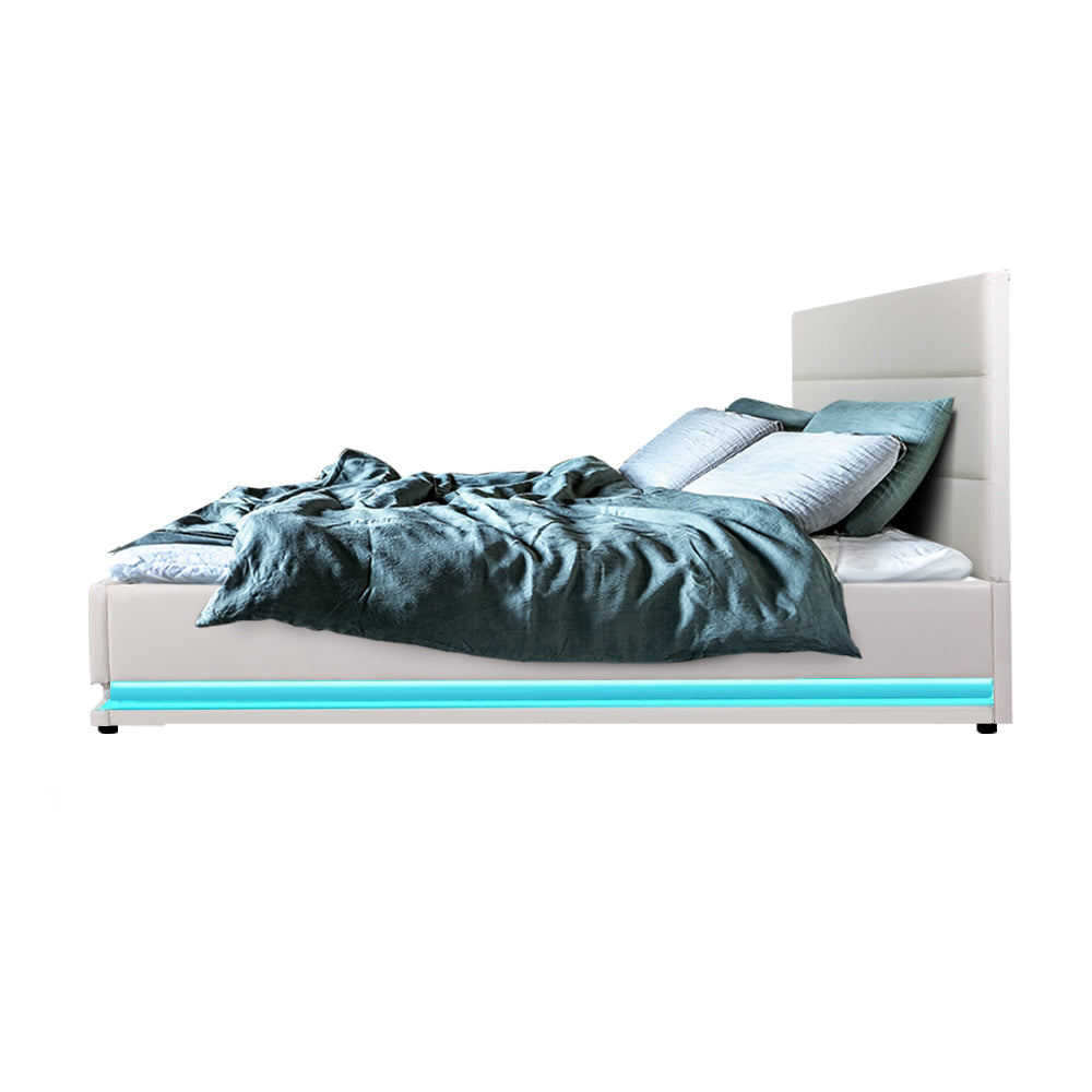 Marlook Bed Frame Double Size LED Gas Lift White LUMI