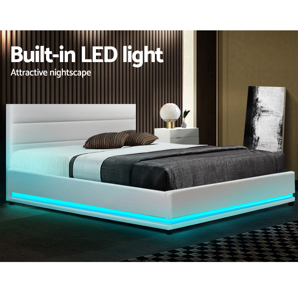 Marlook Bed Frame Double Size LED Gas Lift White LUMI