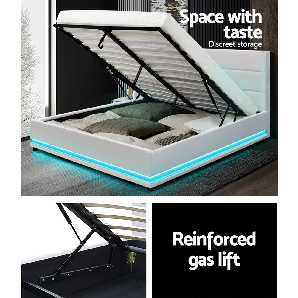 Marlook Bed Frame Double Size LED Gas Lift White LUMI